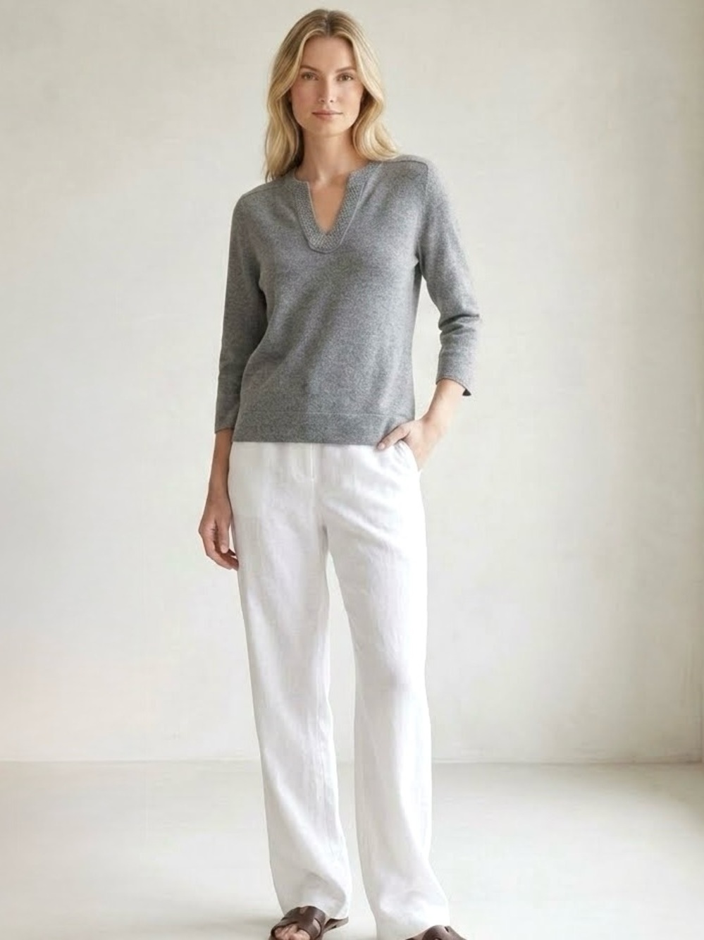 Tory Burch Lizzie Tunic V-Neck 100% Cashmere Sweater, Graphite Grey, Size‎ S